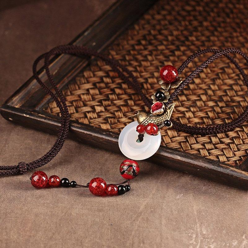 GEMCHIC Women's Vintage Ethnic Style Long Sweater Necklace with Glass Ping An Buckle Pendant and Red Beads