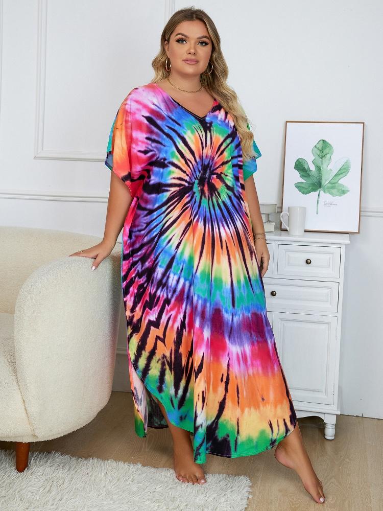 EDOLYNSA Ženy větší velikosti Kaftan caftan Bohemian Potisk Dlouhé šaty s výstřihem do V Maxi Šaty prázdninové plavky zakrývat domácí župan Q1218