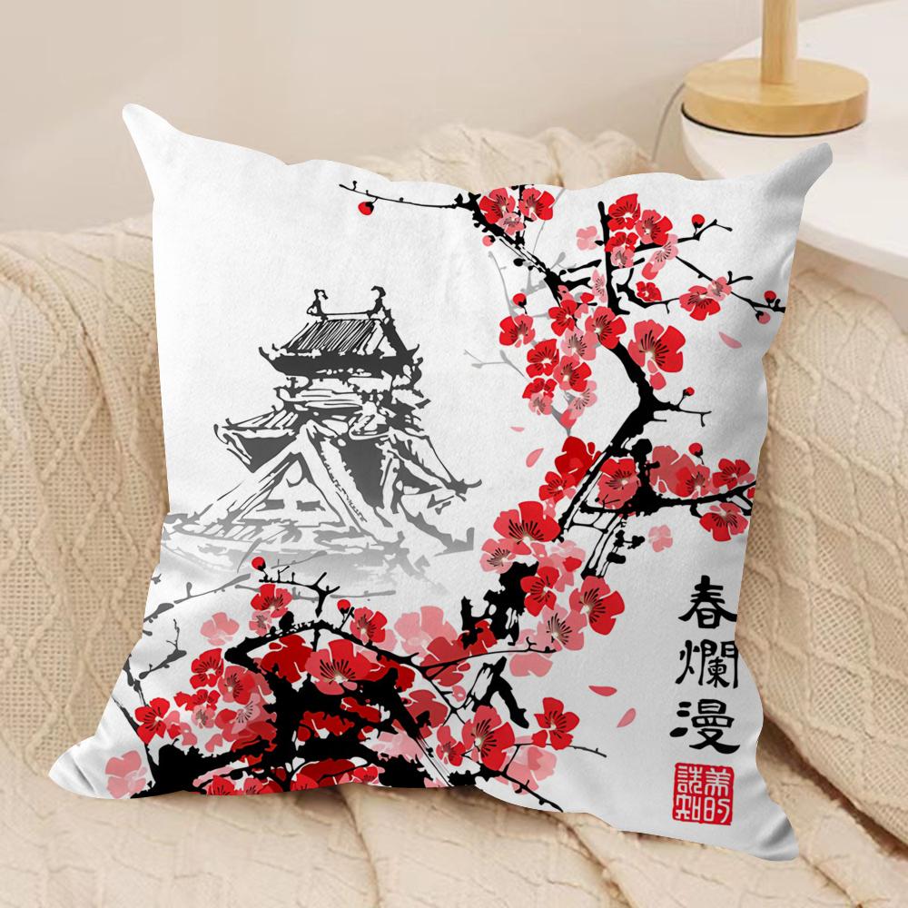 Japanese Pagoda Landscape Cushion Cover Plush Fabric Soft DoubleSided Printed Sofa Warm Winter Home Gift Pillow Cover