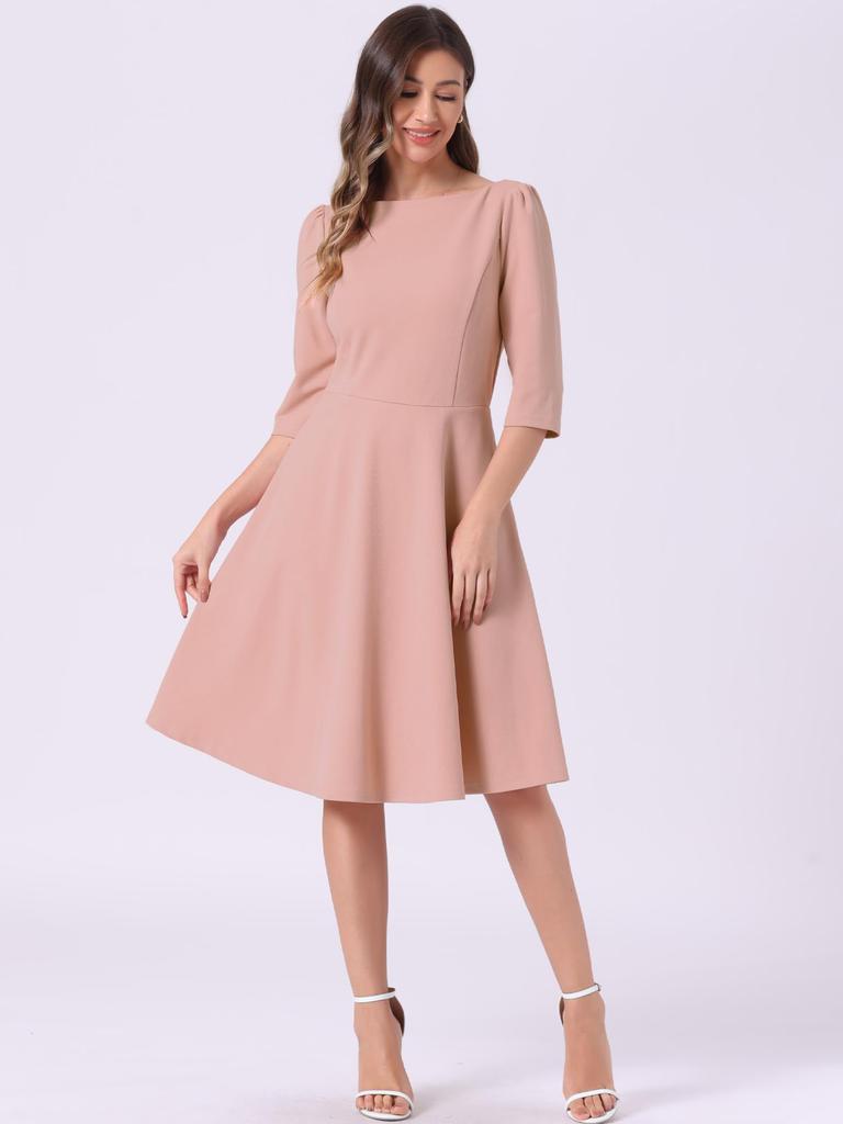 Allegra K Women's Business Dress, Casual Dress, Boat Neck, Short Sleeves, Midi Length, Flared, Office Dress, Pink, Size S