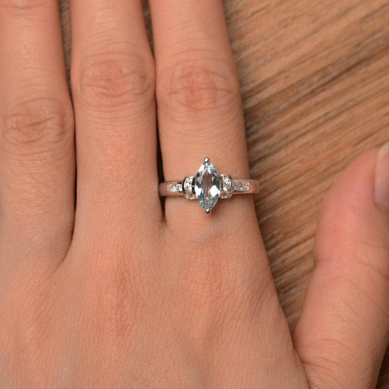 Damring med blå akvamarin ädelsten markis slipning 925 sterling silver mars månadssten löfte bröllopsdag bärring