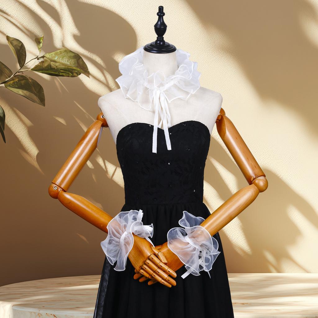 Elżbietańska Falbana Fałszywy Kołnierz Wiktoriański Biały Organzowy Kryza na Szyję i Sztuczne Mankiety Kostiumowe Akcesoria na Halloween