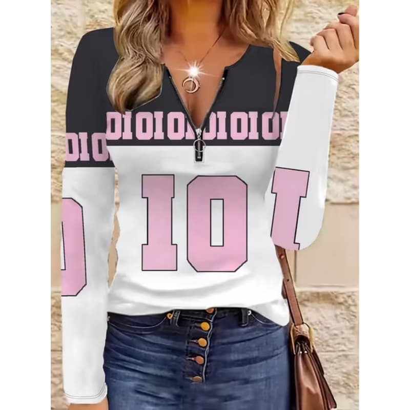 T-shirt da donna con stampa creativa, zip e maniche lunghe, traspirante, morbida e confortevole, adatta per l'abbigliamento casual tutto l'anno