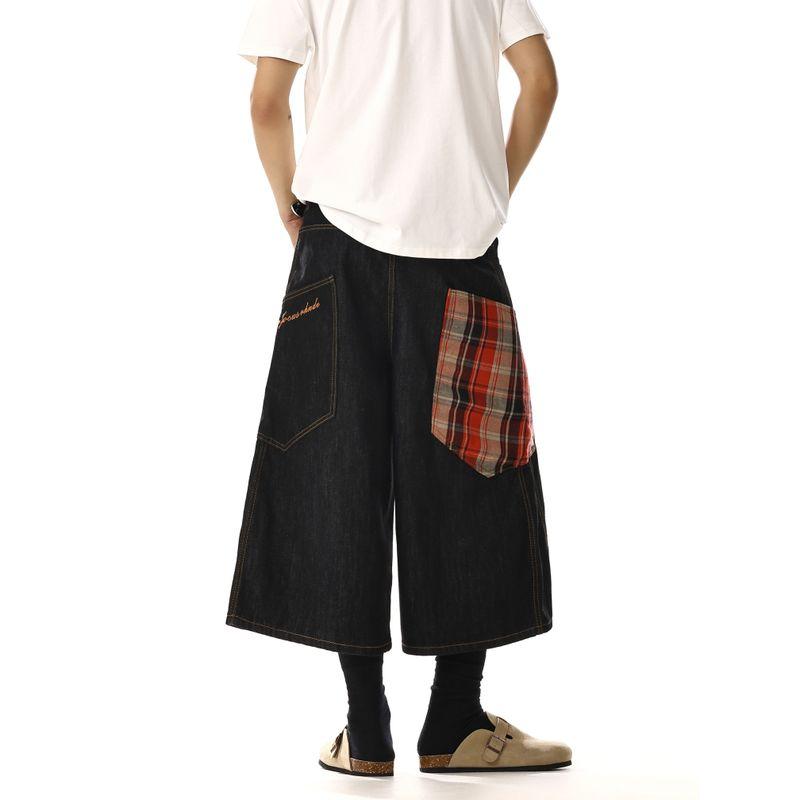 

American vintage Plaid Patchwork Large Pocket Cargo Demin shorts Men s and Women s Design Wide-Leg Casual Cropped Pants Fashion Red grid 2XL