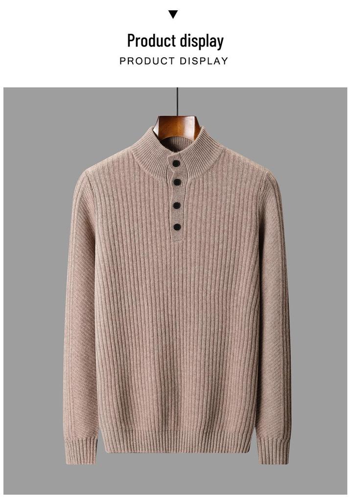 Men’s 100% Pure Wool Thick Warm Sweater, Half-High Button Collar, Autumn/Winter Knitwear for Middle-Aged Men.