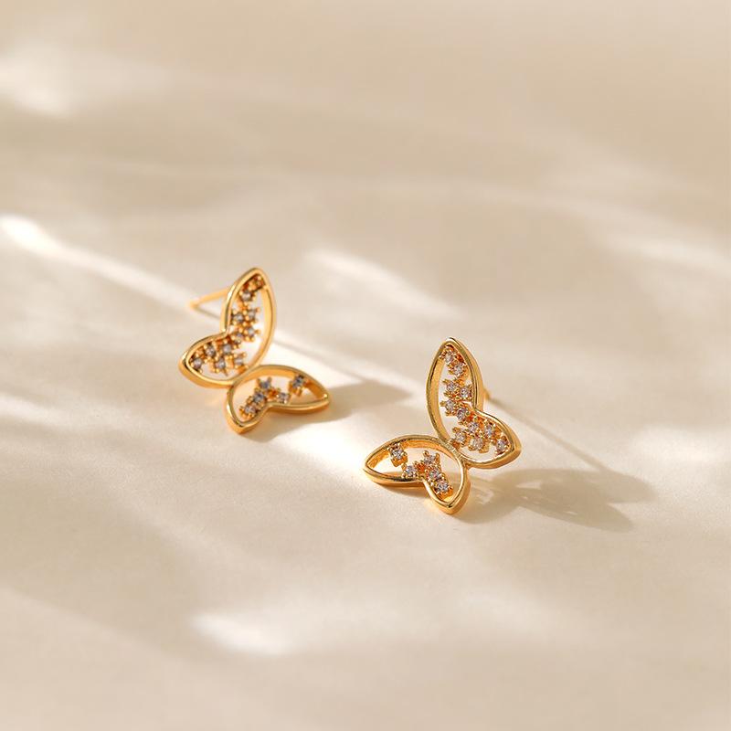 Butterfly Hollow Stud Earrings Minimal Ins Style Sweet Zircon Inlaid