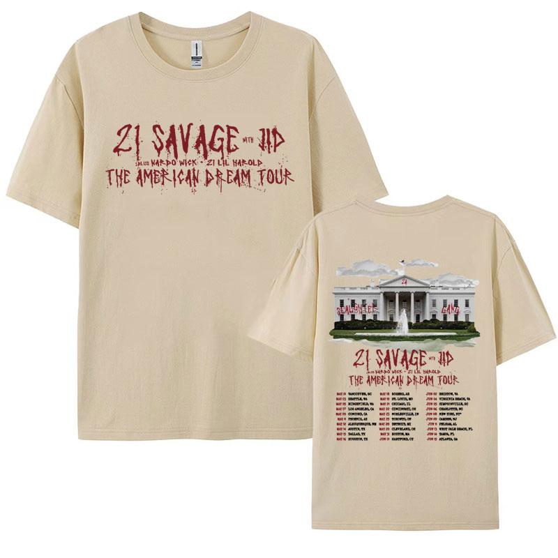 Rapper 21 Savage  The American Dream Tour 2024 Concert Tshirts Men Women Hip Hop Vintage Oversized T Shirt Harajuku Streetwear