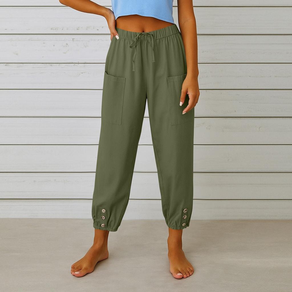 Women's Fashion Solid Color Hemp Cotton Pocket Leg Tight Waist Casual Pants