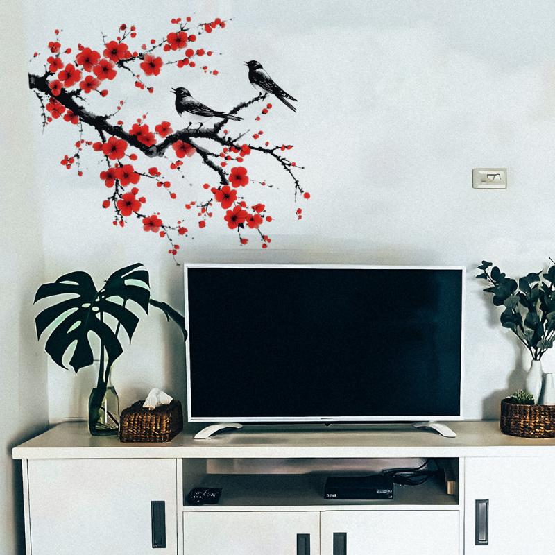 

Ink Chinese Style Sakura Japanese Cherry Blossom Wall Stickers For Living Room Home Decoration Decal червоний