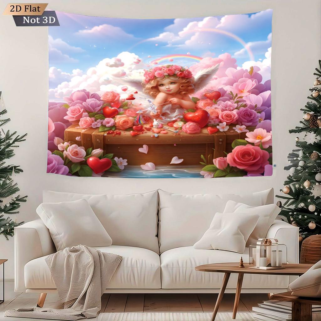 1pc Valentine's Day Romantic Cupid Print Tapestry Living Room Wall Decoration Background Cloth Machine Washable Space Pendant