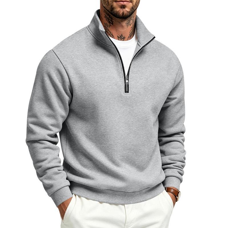 Men's Fleece Lined Zip Up Stand Collar Sweatshirt Solid Color Casual Top.