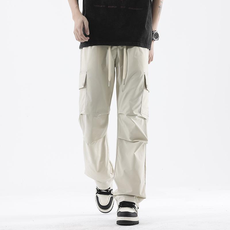 Summer new cool and breathable tooling casual pants thin men's fashion loose straight elastic waist long pants