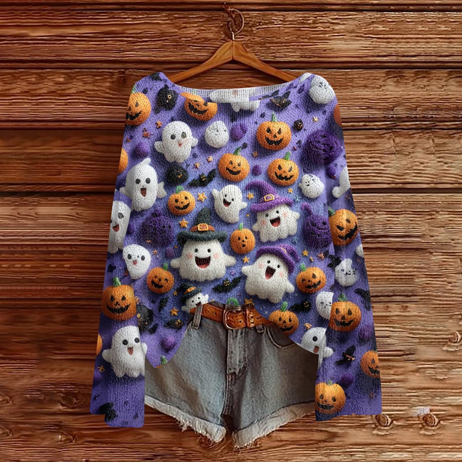 

Halloween Sweatshirts For Women Knit Sweater Cute Shirt Fall Crewneck Pullover Tops L фіолетовий