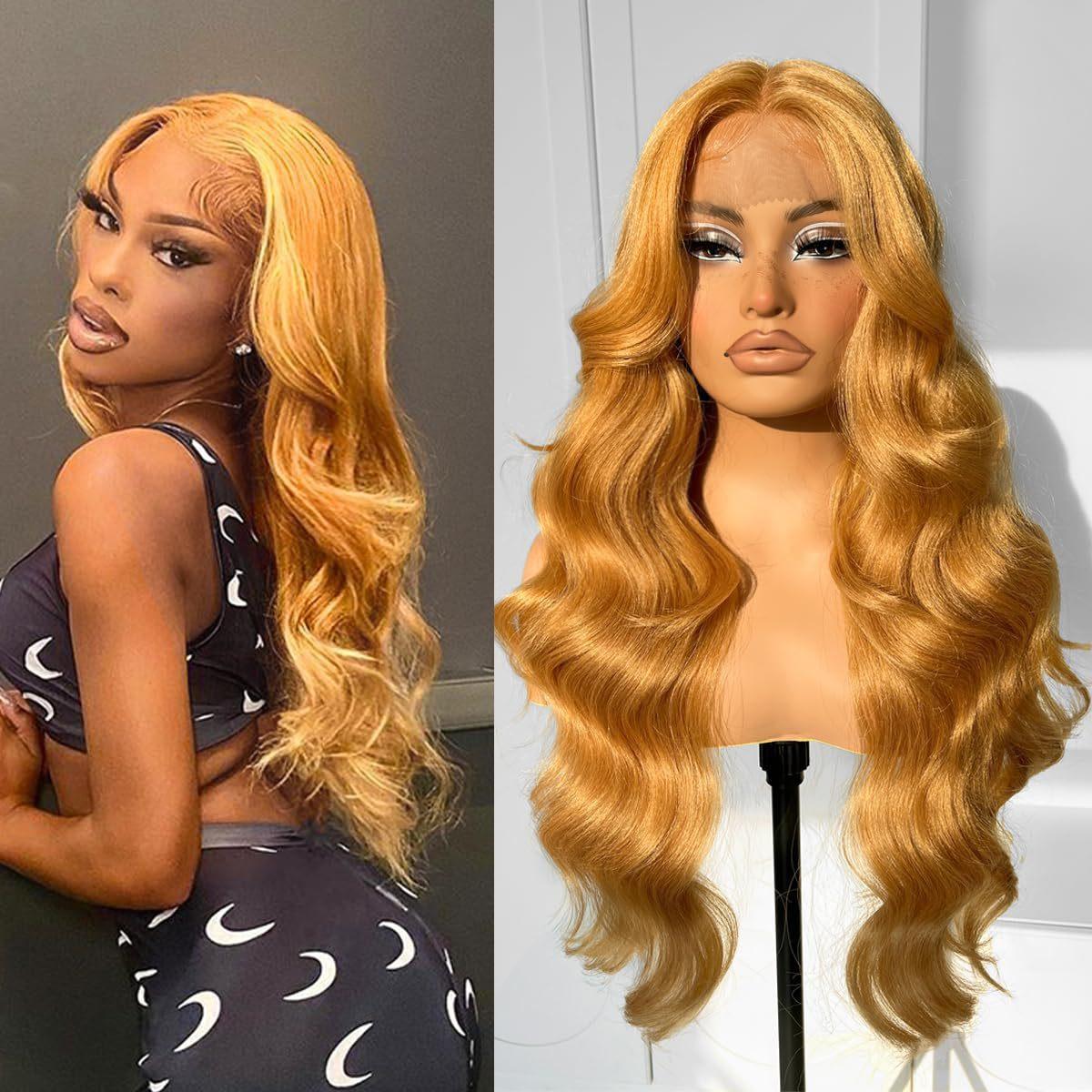 

European and American Style Women’s Fashion Synthetic Wig Brown Long Curly Wig with Highlights Middle Part Big Waves 24inch земля жовтий колір
