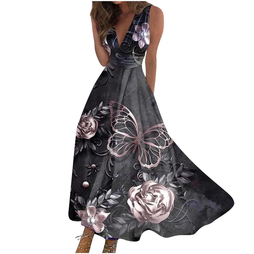 Damska długa sukienka Maxi Sukienka Casual Dress Letnia swobodna sukienka bez rękawów z dekoltem w szpic Boho z obniżoną talią i nadrukiem