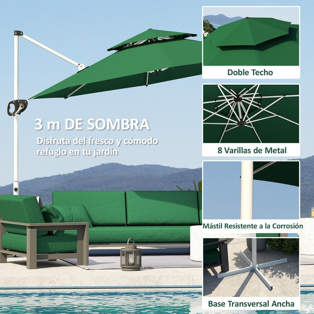 Offset Parasol, Ø292 cm, Crank, 360° Rotation, Adjustable Tilt, Double Roof, Cross Base, Dark Green