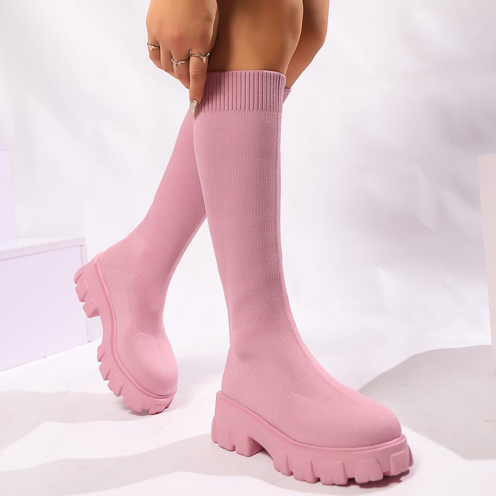 Sexy Red Thick Bottom Knit Socks Boots Women 2025 Autumn Chunky Platform Knee High Boots Party Nightclub Shoes for Woman Size43