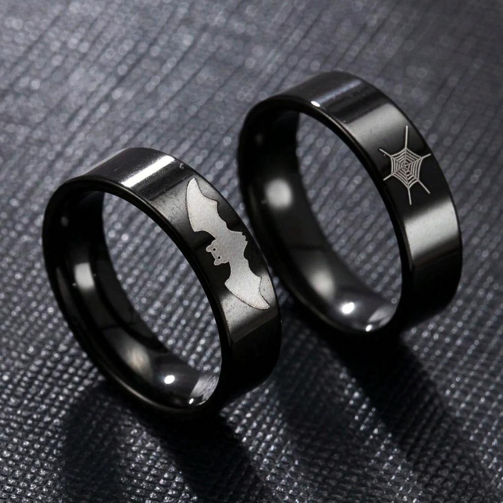2-Piece Gothic Halloween Stainless Steel Bat & Spiderweb Couple Rings
