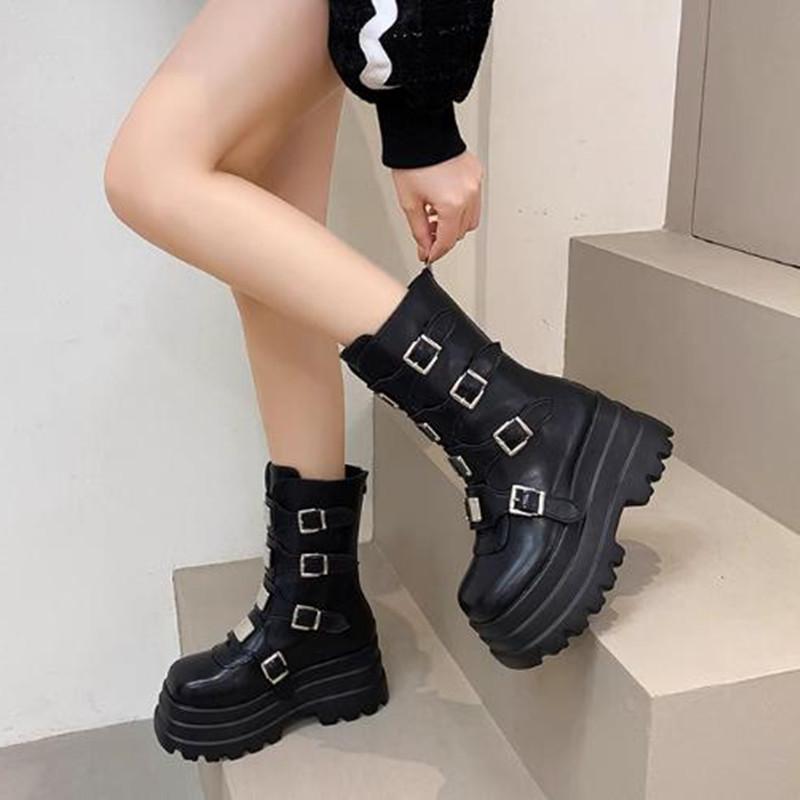 Womens Boots Metal Belt Buckle Design Women Mid-Calf Boots Luxury Casual Leather Boot Height Increasing Platform Boots For Women