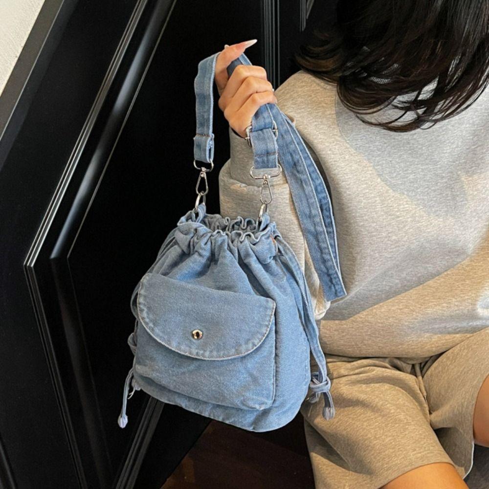 Umhängetasche Kordelzug Beuteltasche Koreanischer Stil Handytasche Retro Denim Umhängetasche Damen