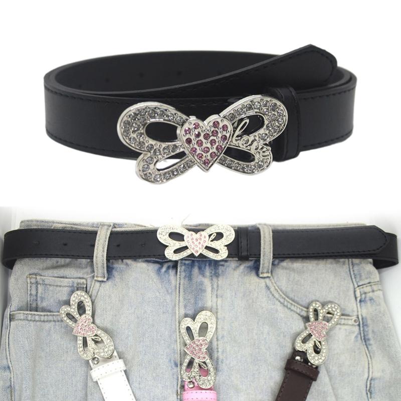 Shinning Rhinestone Waist Belts with Heart&Butterfly Buckle for Rock Fan Adjust Belt for Teens Female Jeans Skirt