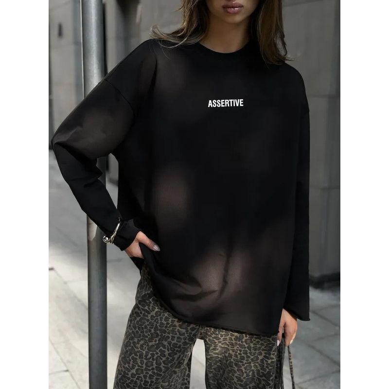 

and American Cross-Border Women clothes Spring, Summer and Autumn Loose Solid round Neck Letters Long sleeve Casual T-shirt Fashion Hoodie T-Shirt Black M