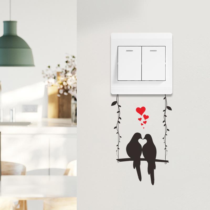 Adesivi per Interruttori Coppia di Uccelli su Altalena Cartone Animato Soggiorno Ingresso Parete di Casa Decorazioni Murali per San Valentino