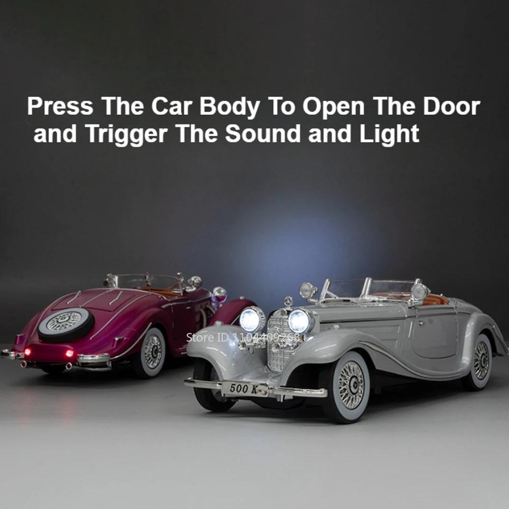 1:24 Scale 500K 300SL Vintage Car Toy Model Alloy Diecast Doors Opened Sound Light Pull Back Miniature Models Hobby Ornament