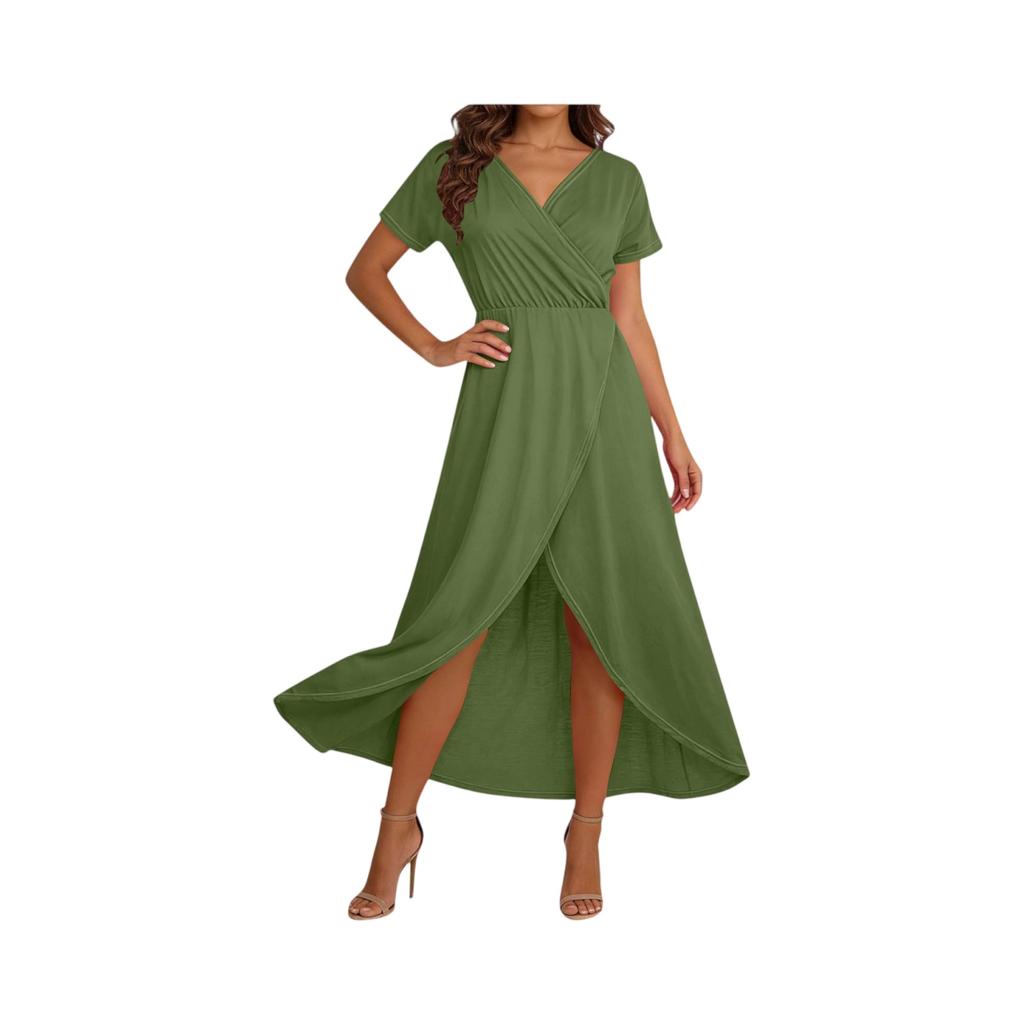 Women's Elegant Loose-Fit V-Neck Short-Sleeve Flowing Resort Dress