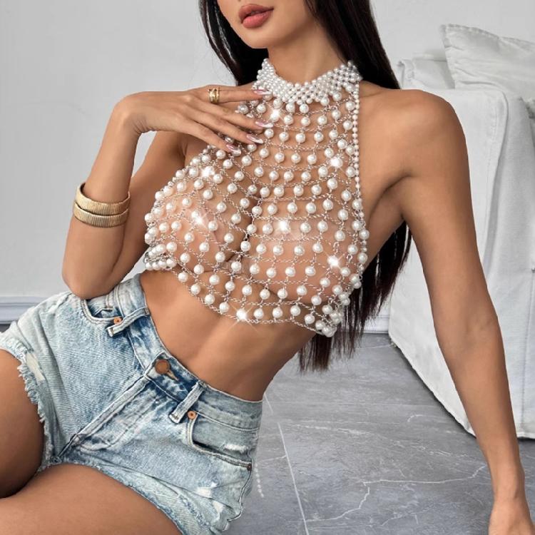 Pearls Body Chain Bra Multilayer Pearls Chest Chain Body Accessories Jewelry for Women Nightclub Raves Body Jewelry