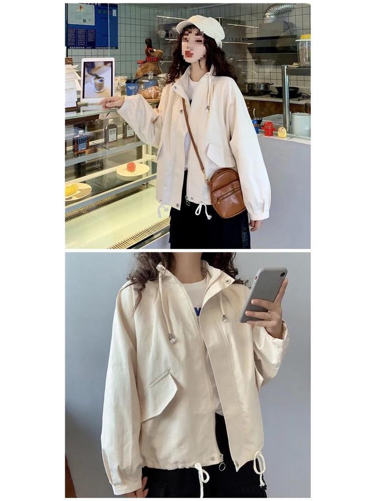 Autumn Winter Loose Fit Drawstring Jacket for Women - Korean College Style Casual Outerwear