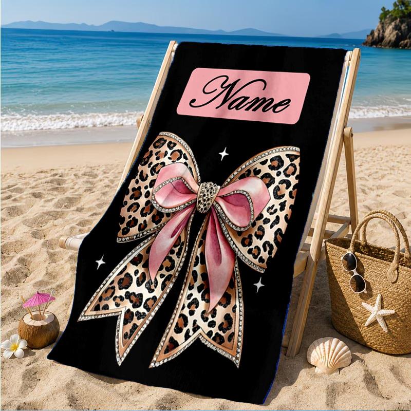 Custom Name Leopard Print Bow Beach Towel Microfiber Beach Towel, Lightweight and Quick-Dry, for Summer Travel, Swimming Pool Gift