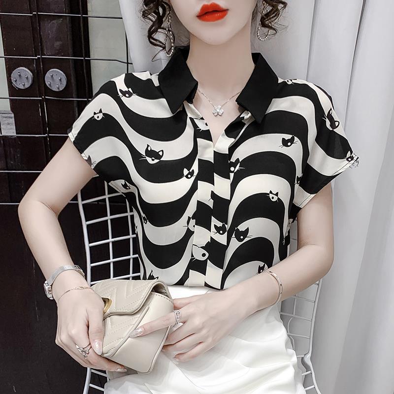 

Творча смугаста сорочка з котом, жіночі вільні топи з принтом, літні короткі рукави, повсякденна жіноча блузка на одне плече, модний одяг 3XL чорний