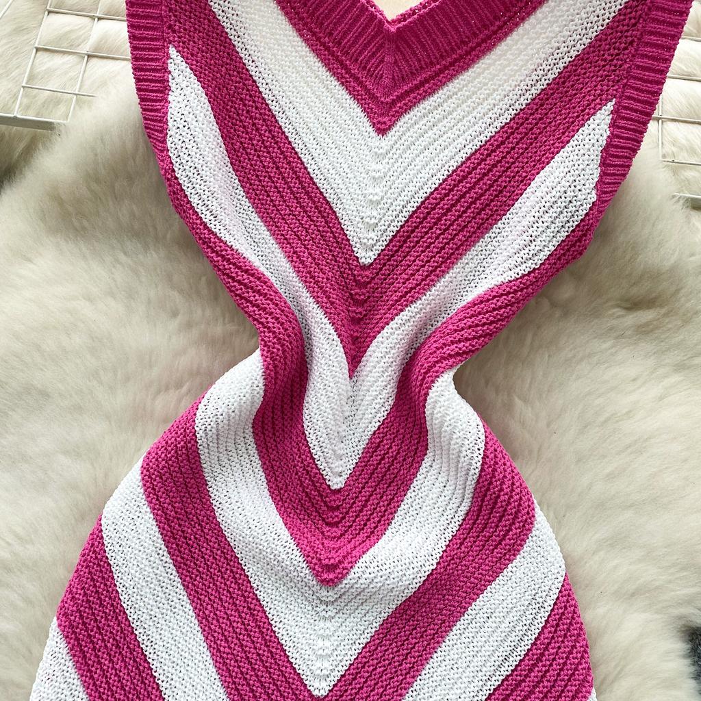 Summer Women Casual V-neck Sleeveless Knitted Tassel Striped Sweater Slim Bodycon Mini Short Sheath Dresses