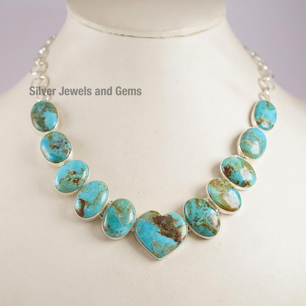 Natural Kingman Turquoise Necklace, Cluster Heart Necklace, 925 Sterling Silver Necklace, Gift for Wife, Turquoise Statement Necklace