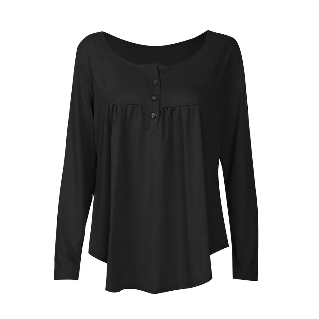 Women's Casual Loose Solid Color Long-sleeved Loose  Button Pleated Top