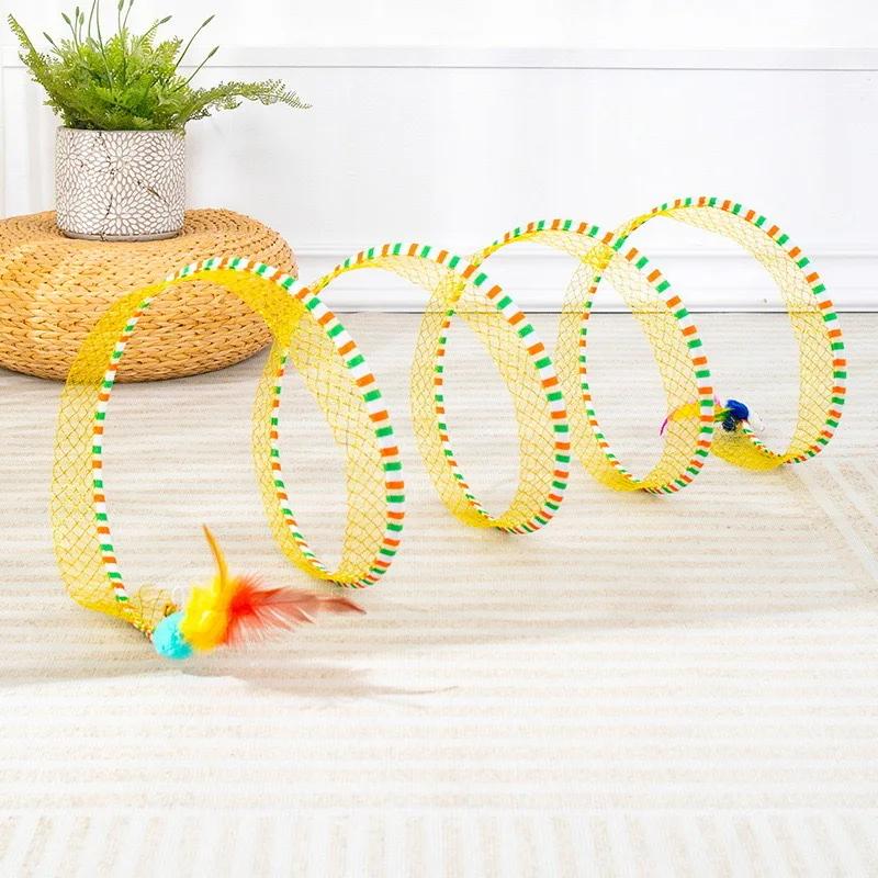 Folding Cat Tunnel S Shape Spring Type Cat Tunnel Toy With Plush Mouse And Feathers Spiral Tunnel Interactive Cat Toy