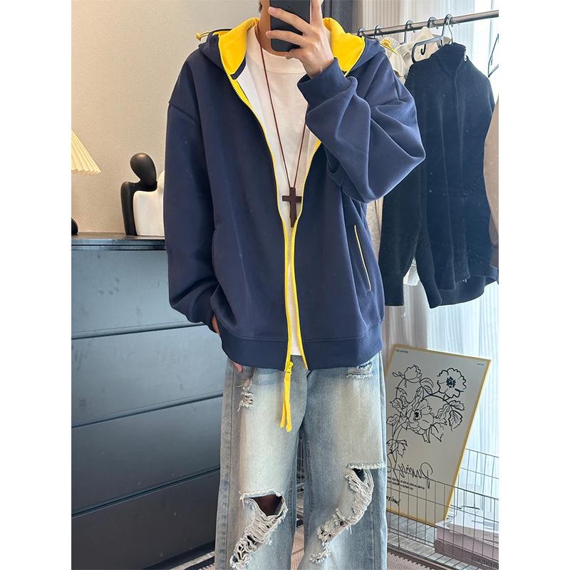 

Men s Color-Blocked Fleece-Lined Hooded Cardigan Jacket - Autumn/Winter Heavyweight Casual Wear Large (L)