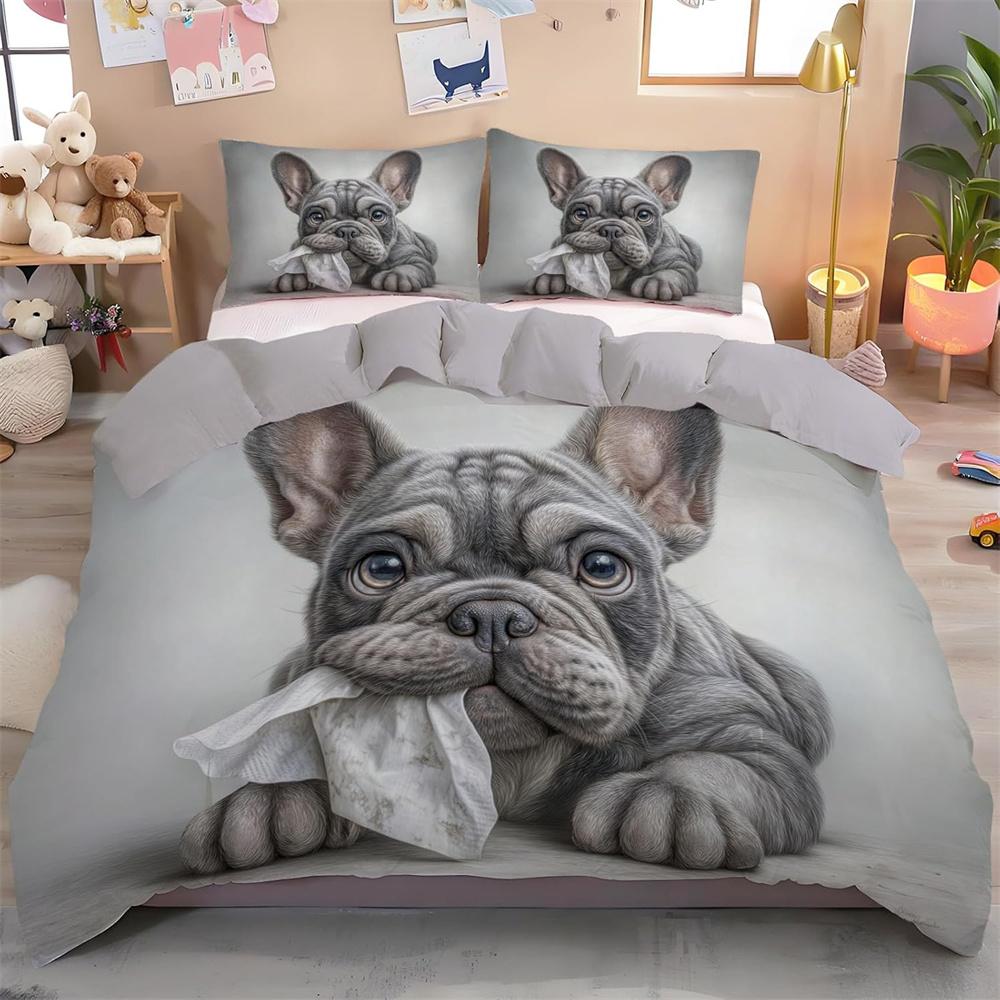 French Bulldog Pattern 3D Print Bedding Set Twin King Queen Full 2Pcs, All-Season Quilt Cover With Pillowcases For Girls Boys