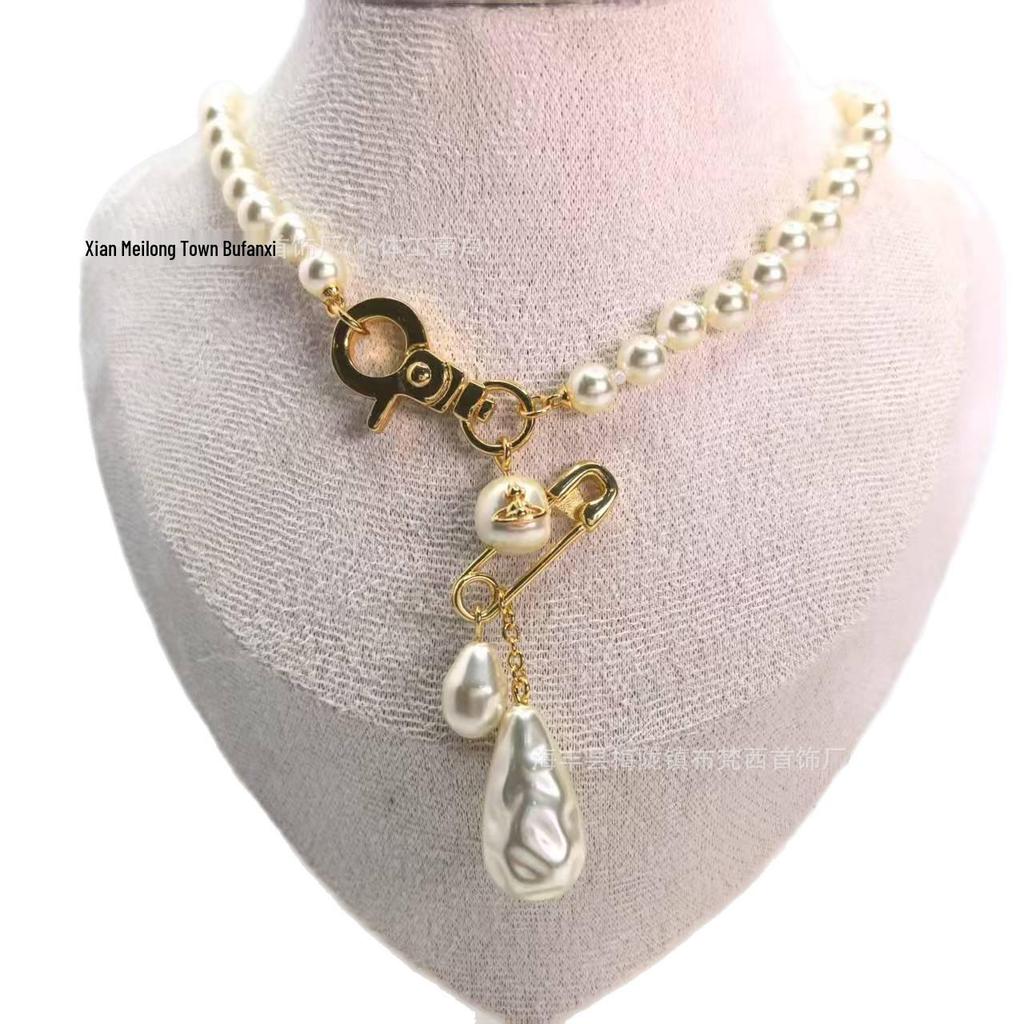 Empress Dowager Baroque Pearl Saturn Brooch Necklace & Earrings Set: Light Luxury Fashion Clavicle Chain