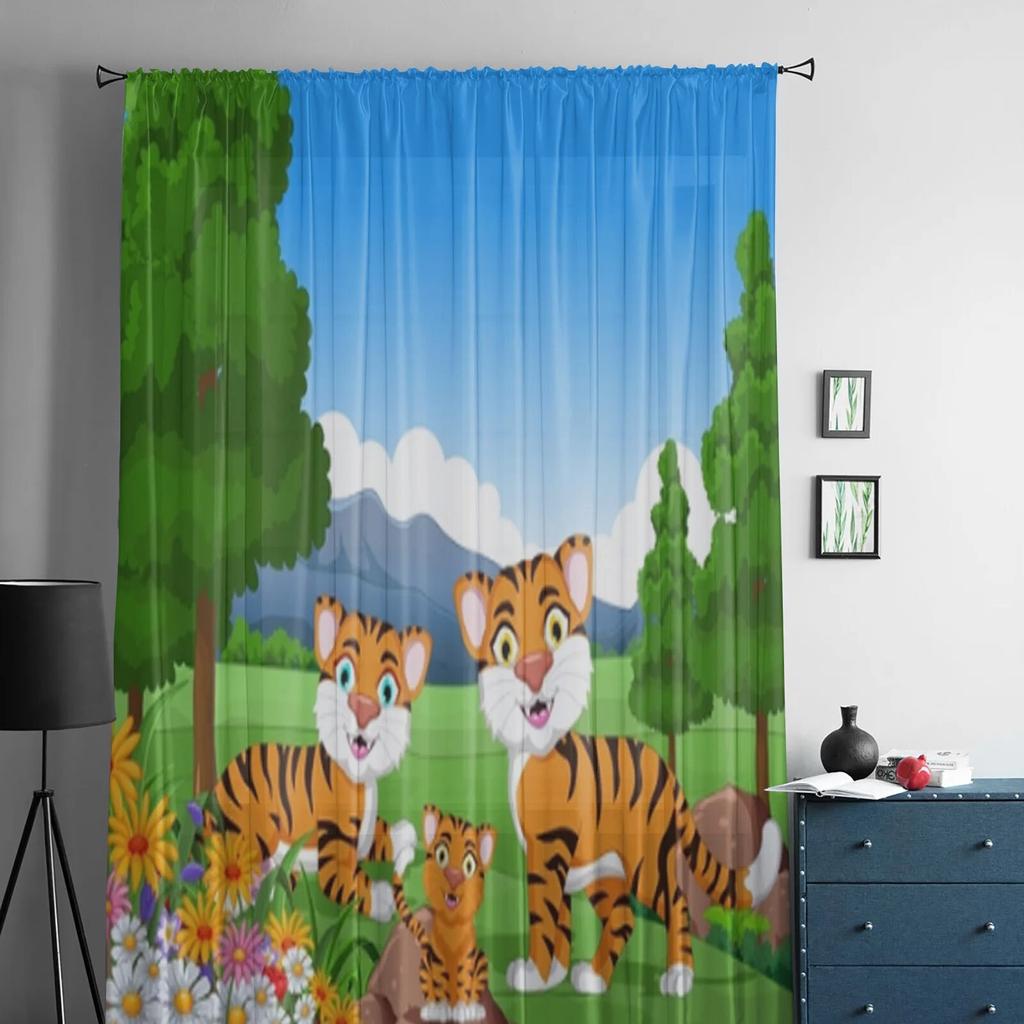 Tiger Cartoon In The Jungle Tyl Okenní závěsy do obývacího pokoje Příze Průsvitný voál závěs do ložnice Kuchyně Závěs