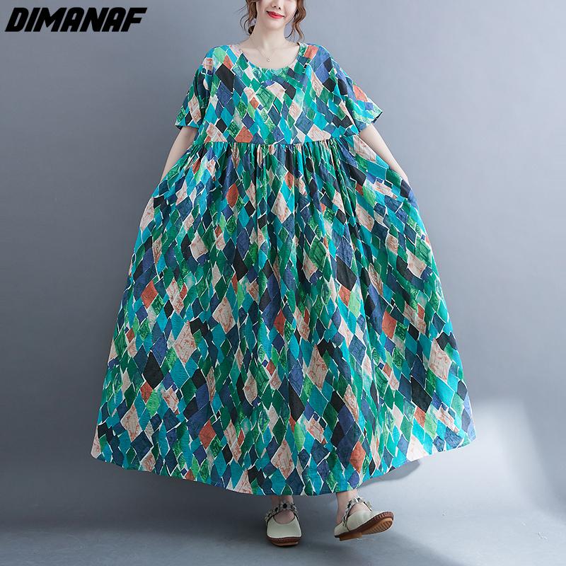 DIMANAF kobiety sukienka letnia Plus rozmiar plażowa sukienka lniana czeski nadruk kwiaty moda Lady Vestidos luźna długa sukienka na co dzień Oversize 9063