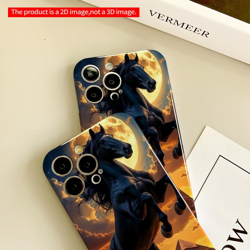2DFlat Black Stallion Rearing Before Moon and Pyramids All Inclusive Film Hard Phone Case, Compatible with iPhone 18 Pro Max 17 16 15 14 13 12 11