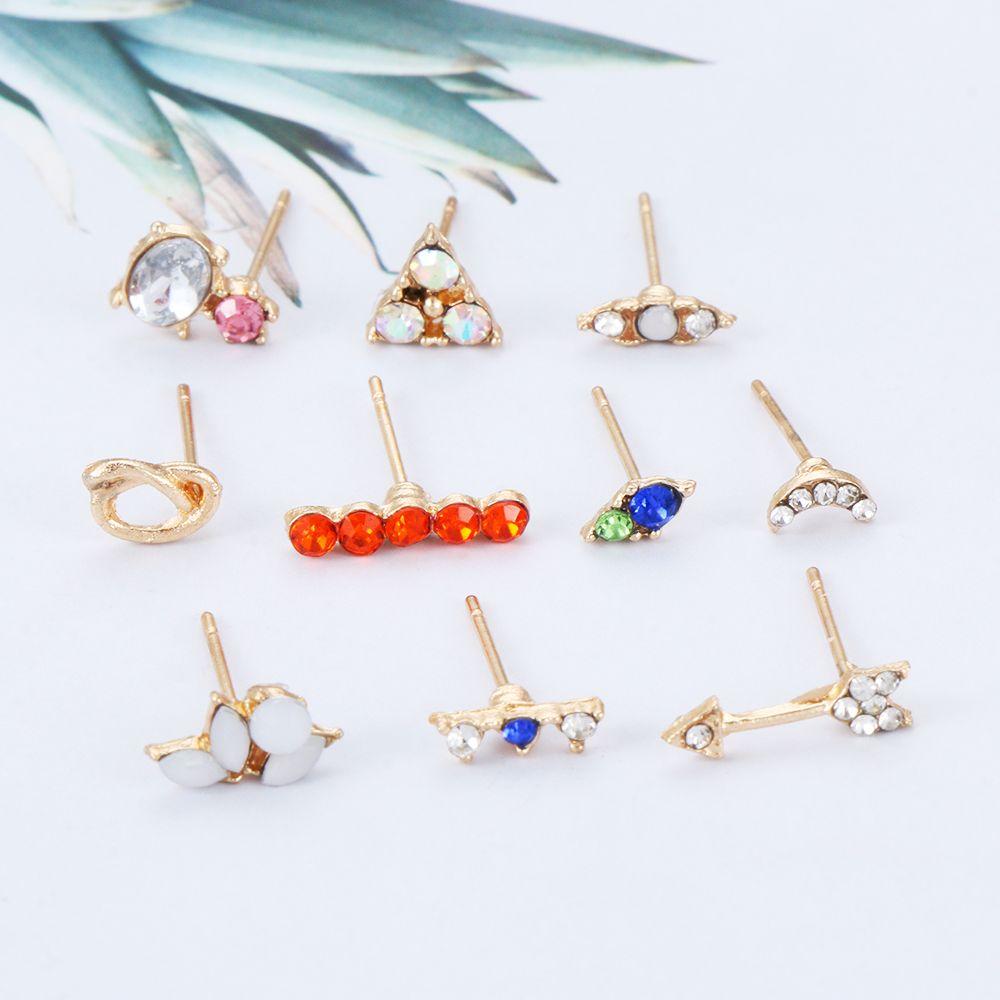

10 Pcs/ Set Women Fashion Arrow Moon Flower Round Crystal Gem Shiny Earrings Set Earring Stud