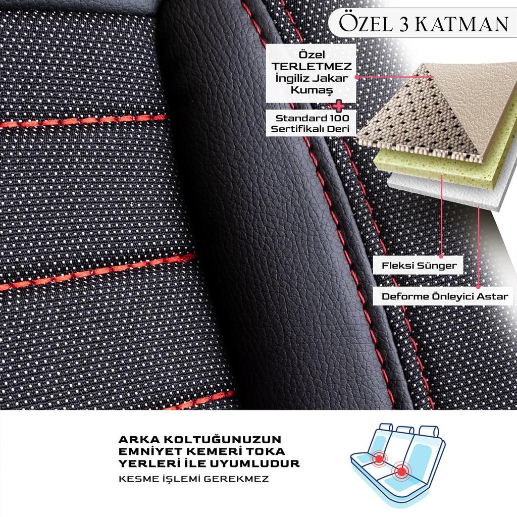 LONDRA SERİSİ İNGİLİZ ÖZEL JAKAR KUMAŞ OTO KOLTUK KILIF Kırmızı Siyah Nefes Alabilir Kumaş