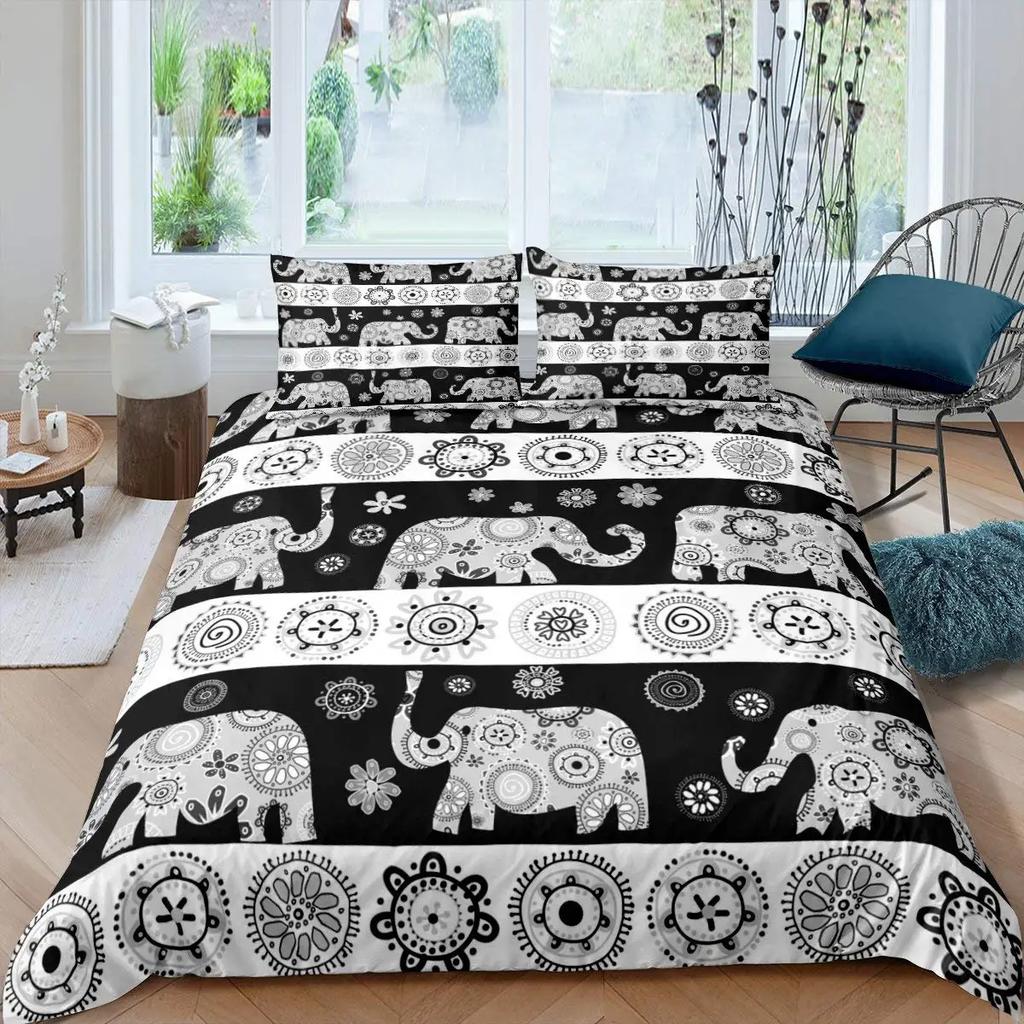 Elephant Soft Duvet Cover Set Ful,Boho Vintage High-End Premium Beding Set Exotic Mplusala Comfortable Quilt Cover Tribal Ethnic Warm Comforter Cover