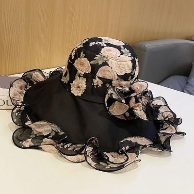 Summer Women's Elegant Flower Fisherman Hat Vacation Tourism Seaside Big Brimmed Sunshade Hat Breathable Foldable Sun Hat