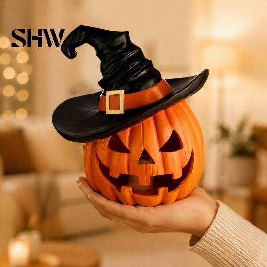 Weighted Solid Resin Figurines Halloween Pumpkin Ornament with Witch Hat, Jack O Lantern Decorative Lamp, Tabletop Figurine for Party Spooky