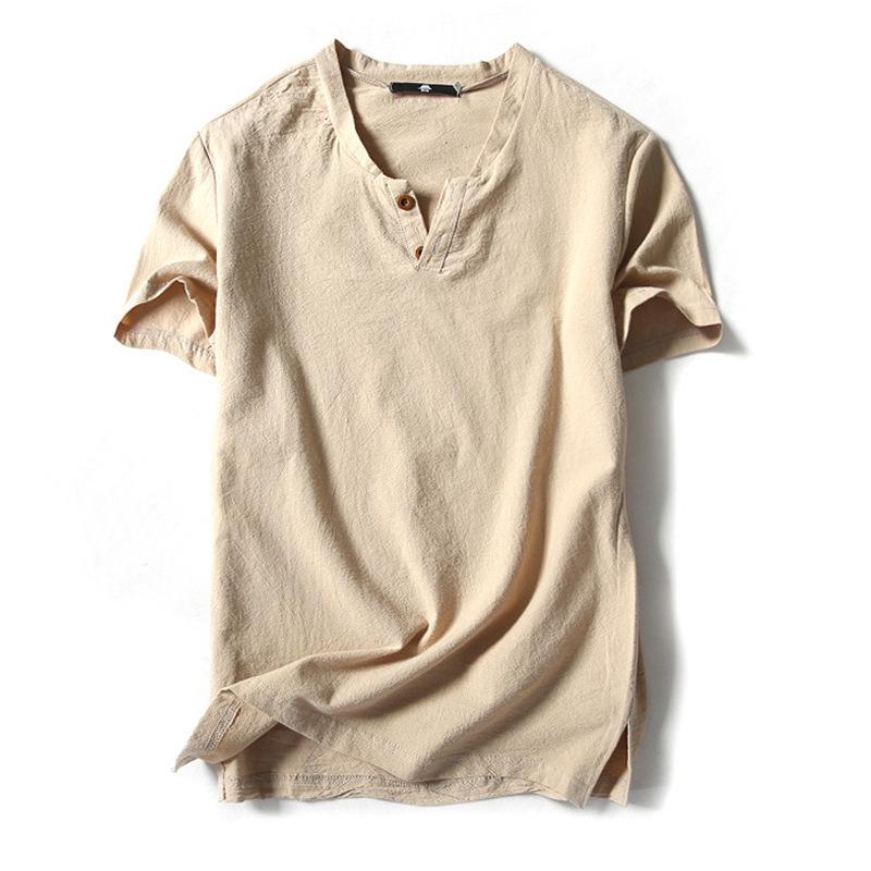 Men's Plus Size Summer Cotton-Linen V-Neck Loose Fit Short Sleeve T-Shirt