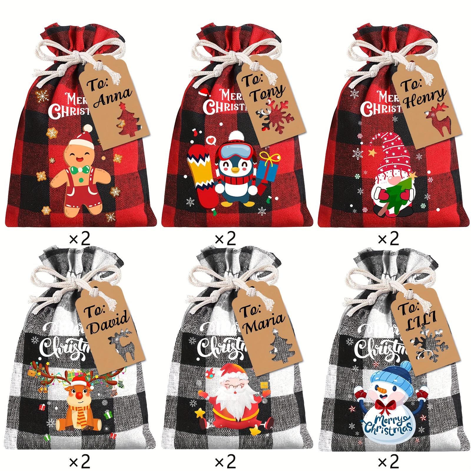

12/24pcs Christmas Burlap Gift Bags with Tags | Buffalo Plaid Drawstring Bags for Xmas Favors, Treats & Candy Goodies
